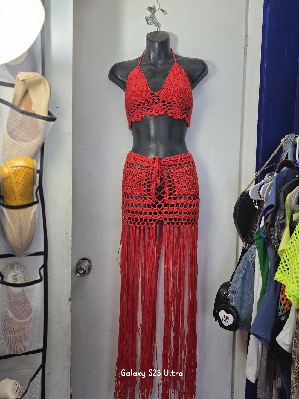 Red Crochet Fringe Two-Piece Swim Cover-Up Set